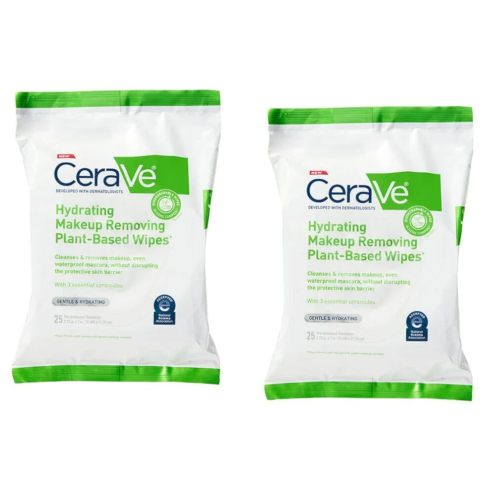CeraVe Hydrating Makeup Removing Plant-Based Wipes 25 Count - Buy Packs and SAVE (Pack of 2)