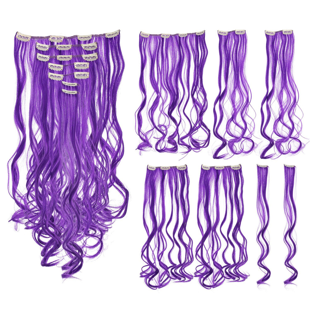Swacc 7 Pcs Full Head Party Highlights Clip On In Hair Extensions Colored Hair Streak Synthetic Hairpieces (20-Inch Curly, Purple)