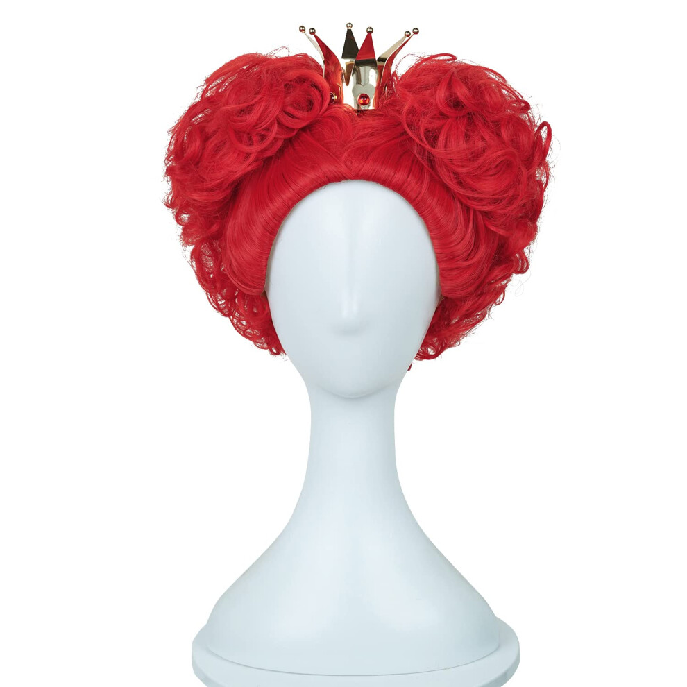 Probeauty Unisex Red Curly Wigs With Crown Synthetic Hair Anime Queen Wig Hearts Halloween Cosplay Wig + Wig Cap
