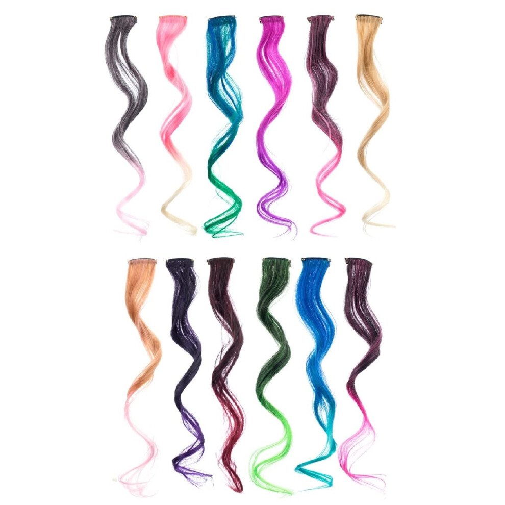 Swacc 12 Pcs Curly Wavy One Color Party Highlights Clip On In Hair Extensions Colored Hair Streak Synthetic Hairpieces (Ombre 12 Colors)