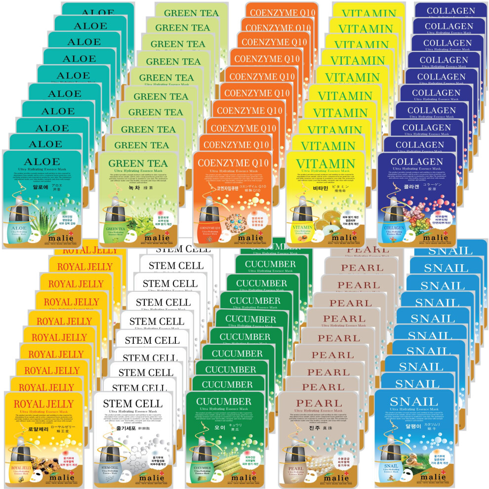100 Pezzi Korean Ultra Hydrating Essence Mask Sheets ( 10 X 10 Types) --- Aloe, Collagen,Cucumber,Coenzyme Q10,Pearl,Placenta, Royal Jelly, Snail,Stem Cell,Vitamin [ + Skincare Sample Gifts!!!]-image