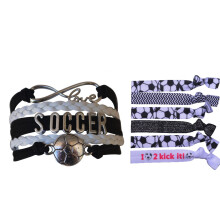 Sportybella zwarte voetbalhaarelastiekjes en zilveren voetbalarmbandset - elastische haarelastiekjes, geen vouw, geen rukhaarelastiekjes. Ideale voet