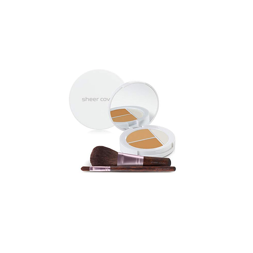 Sheer Cover - Flawless Face Kit - Perfect Shade Mineral Foundation - Conceal & Brighten Highlight Trio - with FREE Foundation Brush and Concealer Brus