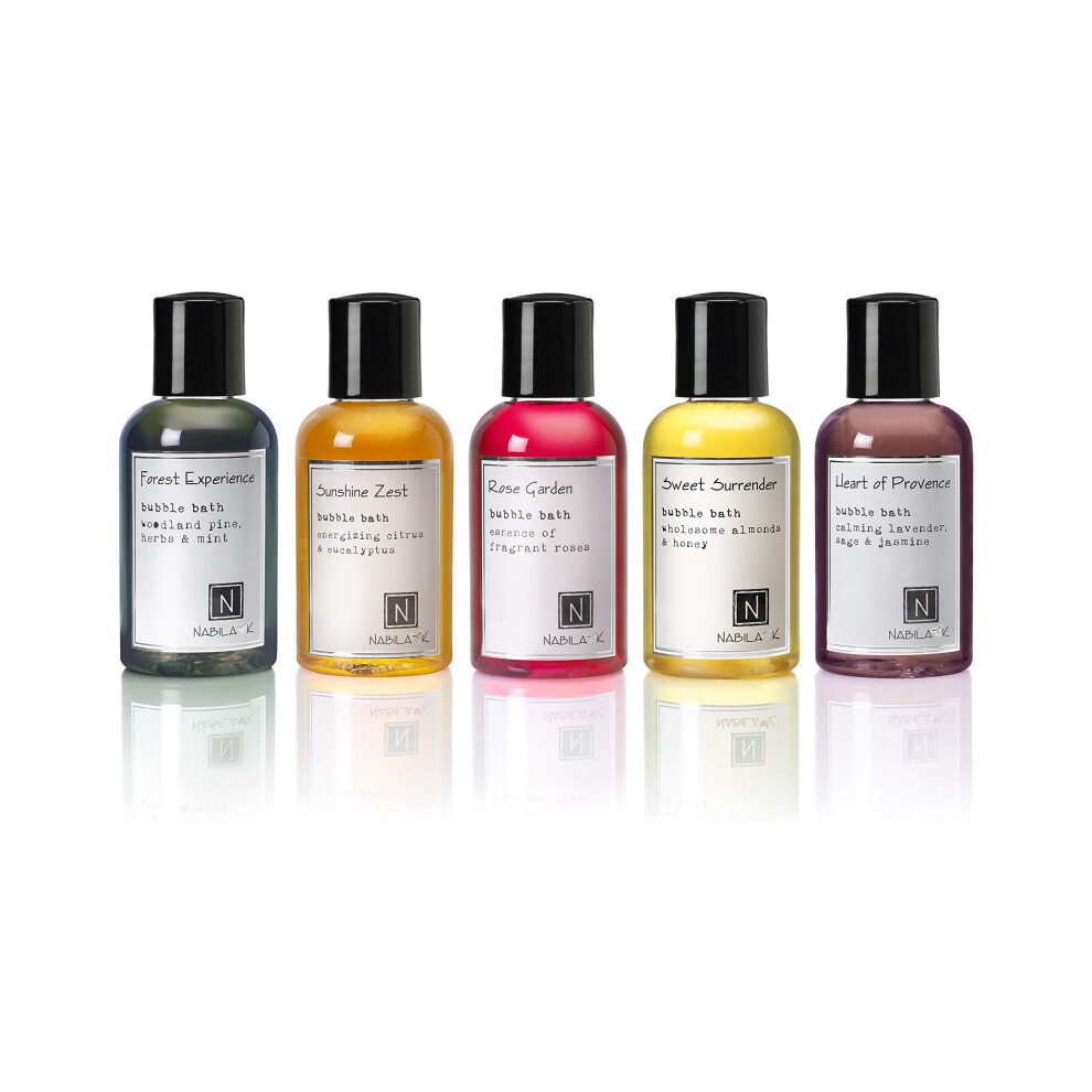 Coffret de 5 bains moussants de voyage assortis par Nabila K - Forest Experience Sunshine Zest Rose Garden Sweet Surrender Heart of Provence - Huiles