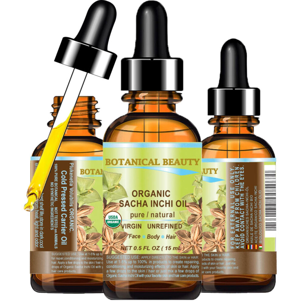 Botanical Beauty Organic Sacha Inchi Oil 100% Natural Pure Undiluted Virgin Unrefined Cold Pressed Carrier Certified Organic Oil 0.5 Fl.oz.- 15 Ml. Fo