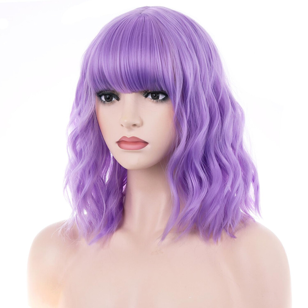 Beron 14 Inches Purple Wig For Women Short Curly Wig Purple Wig With Bangs Light Purple Wigs For Women Lavender Wig Colorful Wigs With Wig Cap