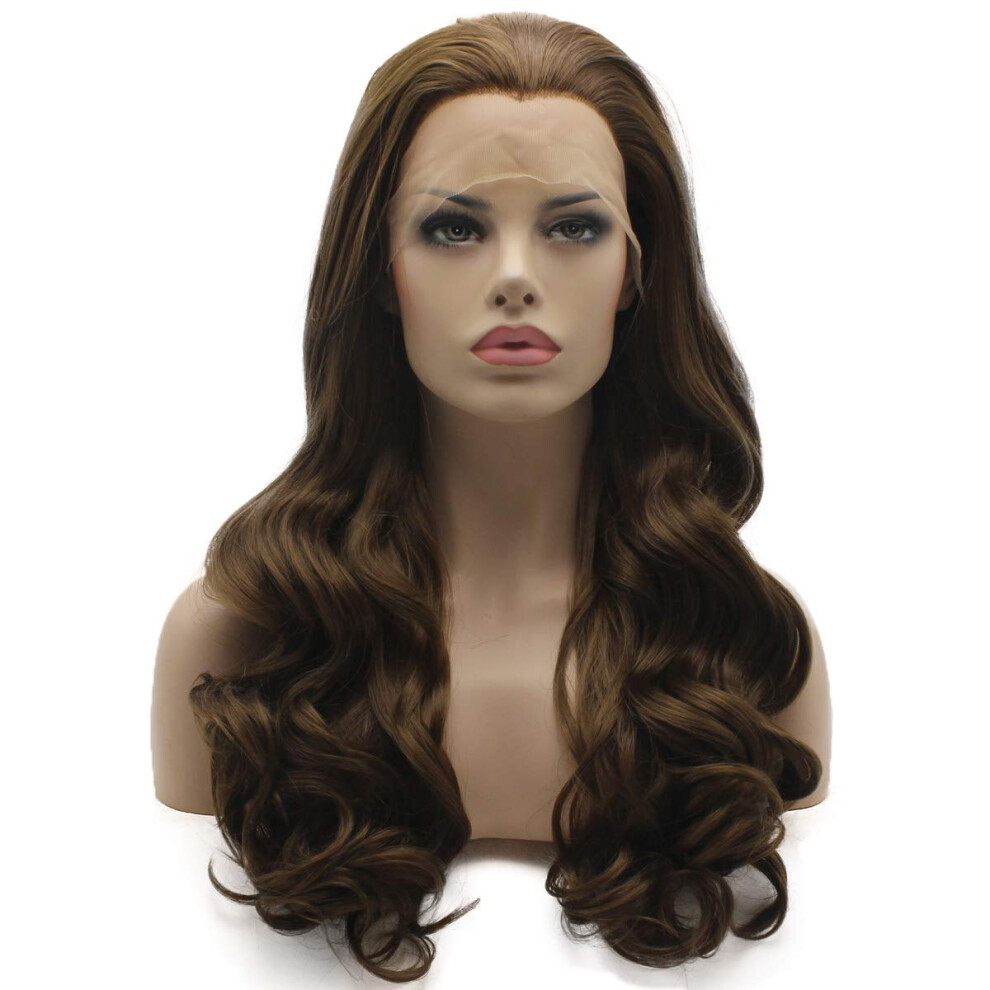 Lushy Unisex Brown Hair Wavy Long 24Inch Light Ash Wig Heat Friendly Heavy Density Realistic Synthetic Lace Front Wig