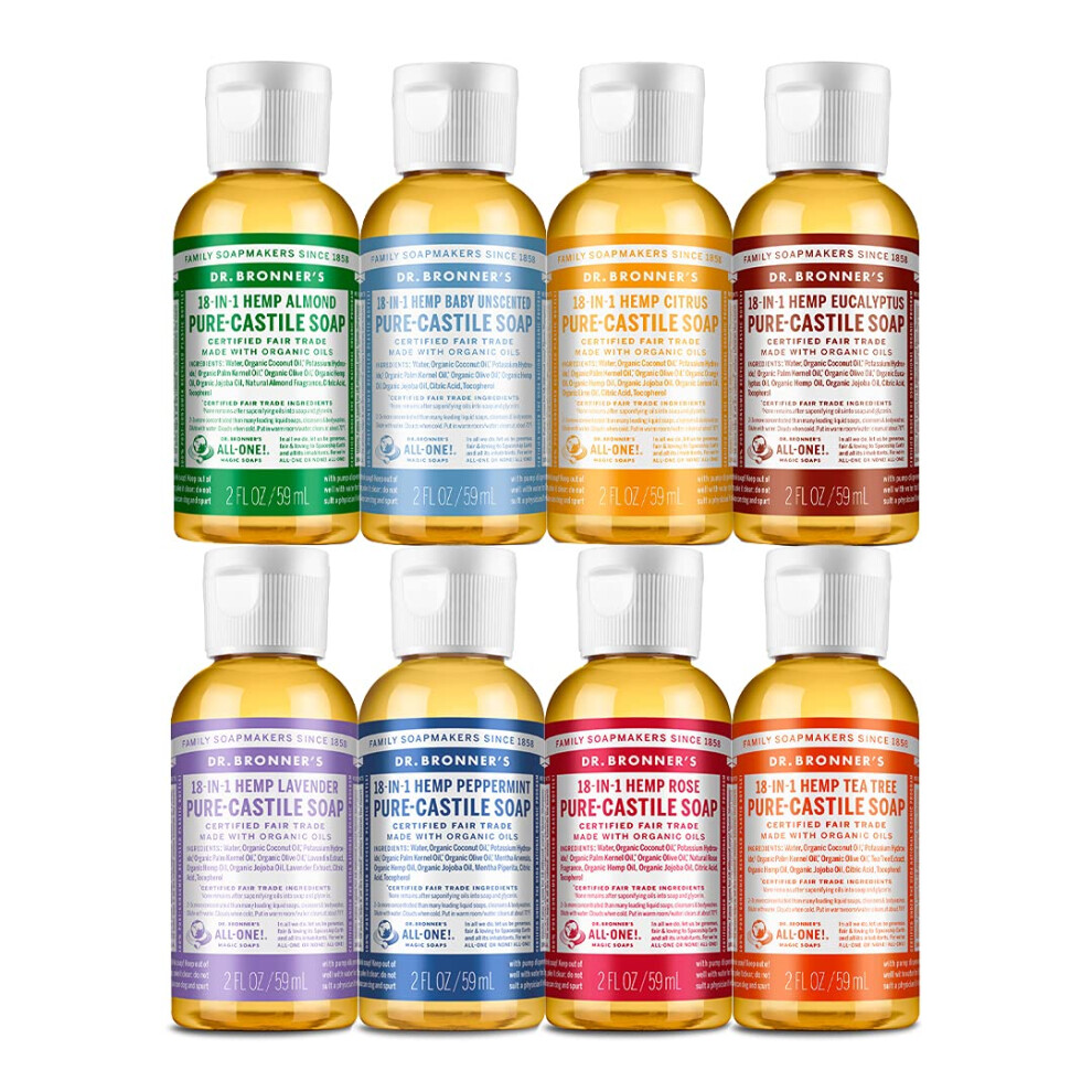 Dr. Bronner's - Pure-Castile Liquid Soap (2 Ounce Variety Gift Pack) Almond  Unscented  Citrus  Eucalyptus  Lavender  Peppermint  Rose  Tea Tree - Mad