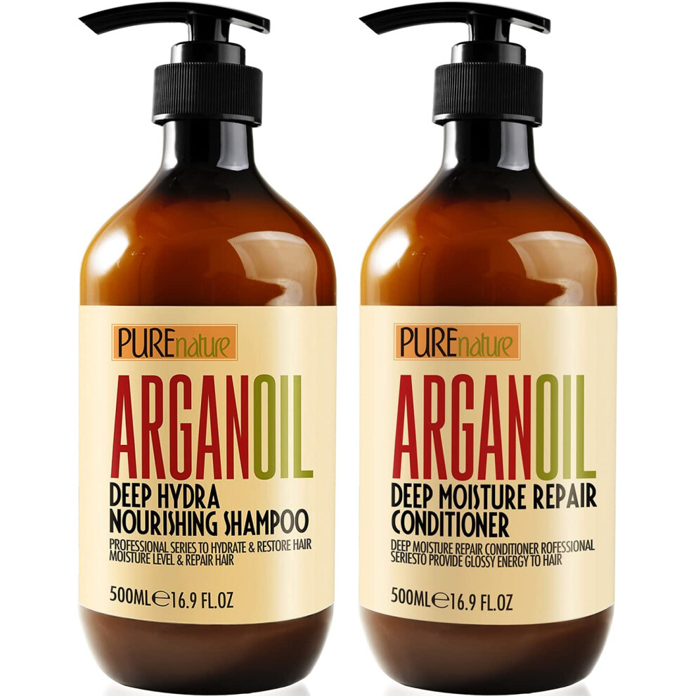 Pure Nature Lux Spa Argan Oil Shampoo And Conditioner Set - Moisturizing Sulfate Free Moroccan Care With Keratin - For Curly Straight Dry And Damaged Hair - Hydrating
