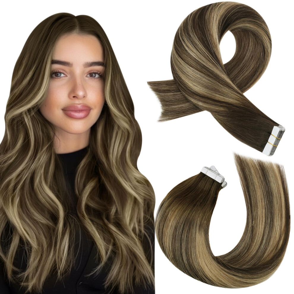 Moresoo Unisex Brown Tape In Hair Extensions Dark To Caramel Blonde Human Tape In Hair Extensions Remy Hair Extensions Tape In Human Hair Balayage Glue In Ex