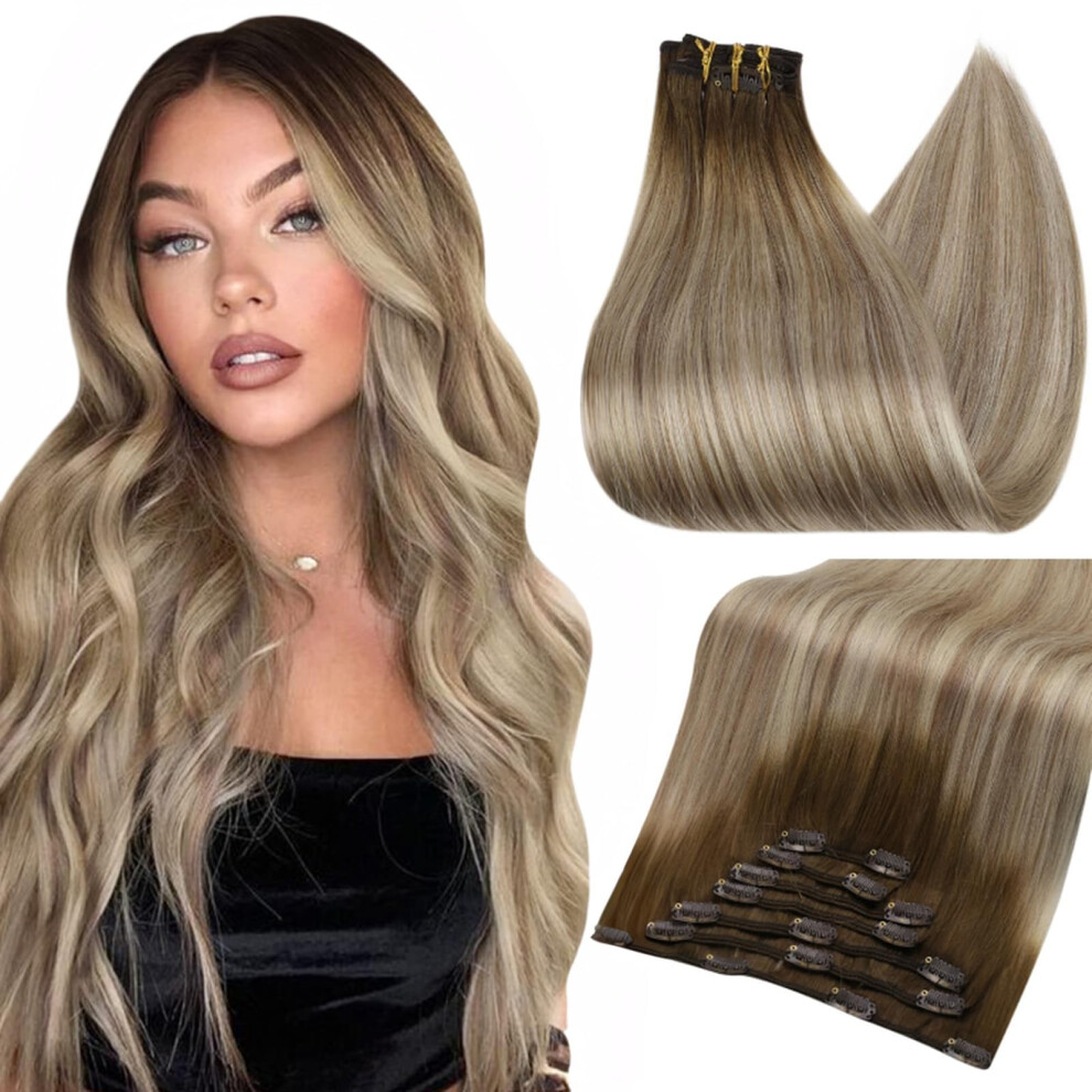 Extension Con Clip Full Shine, Extension Con Clip Remy, Colore Ombre, Da 3 Radici Scure A 8 Castano Cenere E 22 Biondo Chiaro, 7 Pezzi, Doppia Tr-image