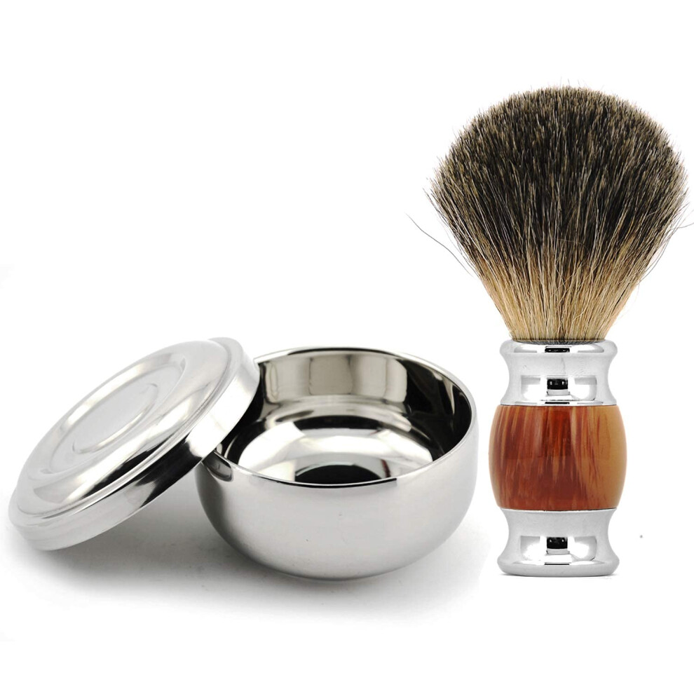 Grandslam Stainless Steel Shaving Bowl And Badger Hair Brush Kit - Wide Mouth With Lid
