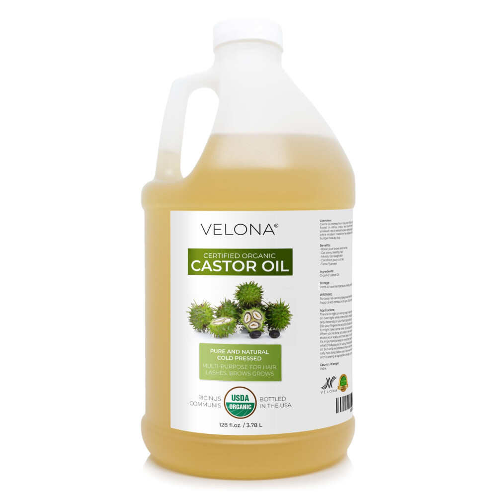 Velona Usda Certified Organic Castor Oil - 1 Gallon / 128 Fl Oz | For Hair Boost Eyelashes Eyebrows | Cold Pressed Natural Oil Usp Grade | Hexane