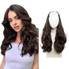 SARLA Clip in U Part Hair Extensions M?rkebrun Syntetisk Lang B?lget Kr?llet Tykt Helt Hoved H?rstykke til Kvinder 24 Tommer