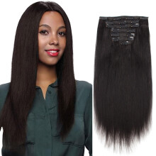 ABH AmazingBeauty Yaki Rakt Clip-in Hårförlängningar Äkta Remy Svart för Afroamerikanskt Hår 7 Bit 120 Gram