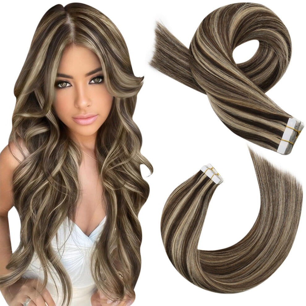 Moresoo Unisex Brown Tape In Hair Extensions Highlighted With Blonde Real Hair Tape In Human Hair Extensions 18 Inch Tape In Hair Extensions Real Human Hair