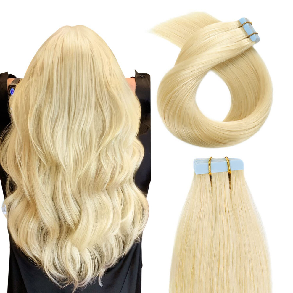 Yilite Bleach Blonde Tape In Hair Extensions Human Hair 16 Inches 20Pcs 40G Silky Seamless Tape In Hair Extensions Remy Human Hair #613 Bleach Blonde