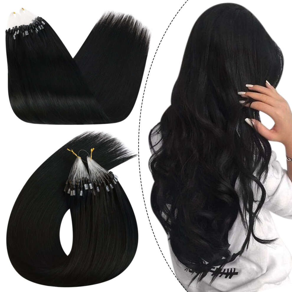 Ugeat Unisex Black 20 Inch Micro Loop Hair Extensions Remy Straight Hair Microlink Hair Extensions Human Hair Color #1 Jet Micro Beads Hair Extensions 50G/50