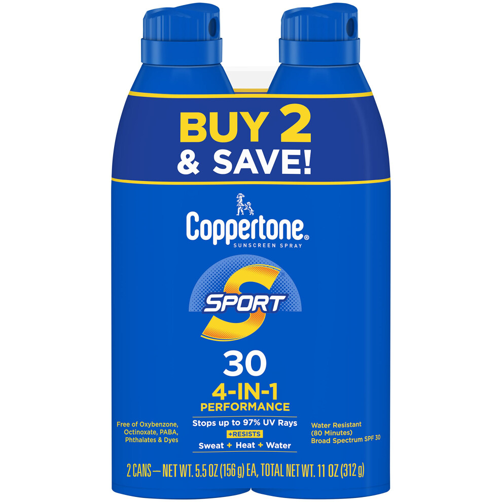 Coppertone SPORT Sunscreen Spray SPF 30  Water Resistant Spray Sunscreen  Broad Spectrum SPF 30 Sunscreen Pack  5.5 Oz Spray  Pack of 2