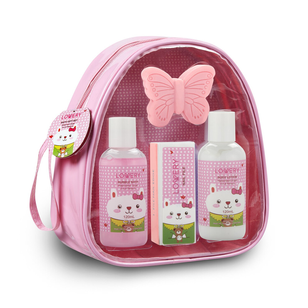 Birthday Gifts for Girls Gift Set Kids Bubble Bath Spa Bag - 5pc Bath Set Bag with Heavenly Watermelon Fragrance Includes Bubble Bath Body Lotion B