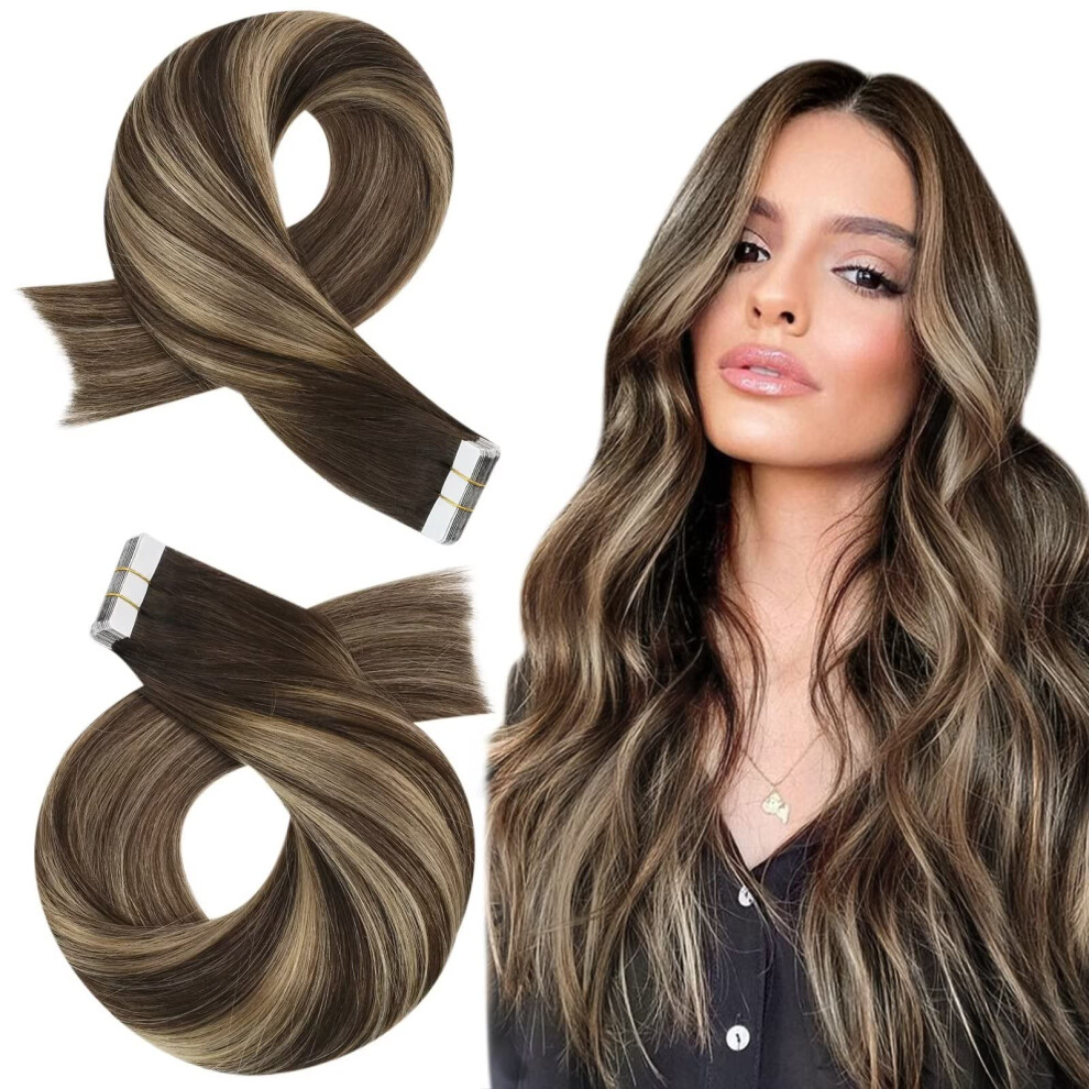 Moresoo Tape In Extensions Ombre 20 Inch Tape In Remy Human Hair Extensions 20Pcs Tape In Hair Extensions To Blonde 4274 Balayage Silky Straight Brown