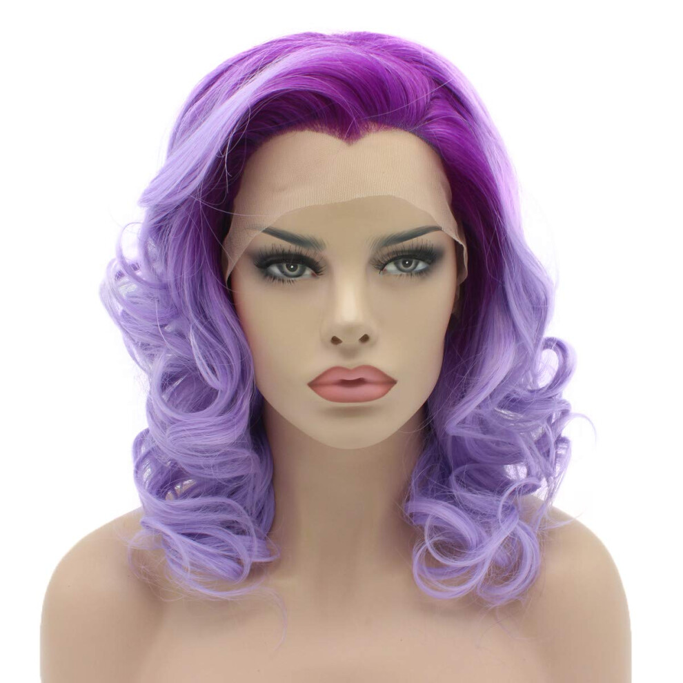 Lushy Hair Lace Front Synthetische Per Cke, Mittellang, 40,6 Cm, Violette Wurzeln, Hellviolettes Ombre, Hohe Dichte, Realistische Per Cke-image