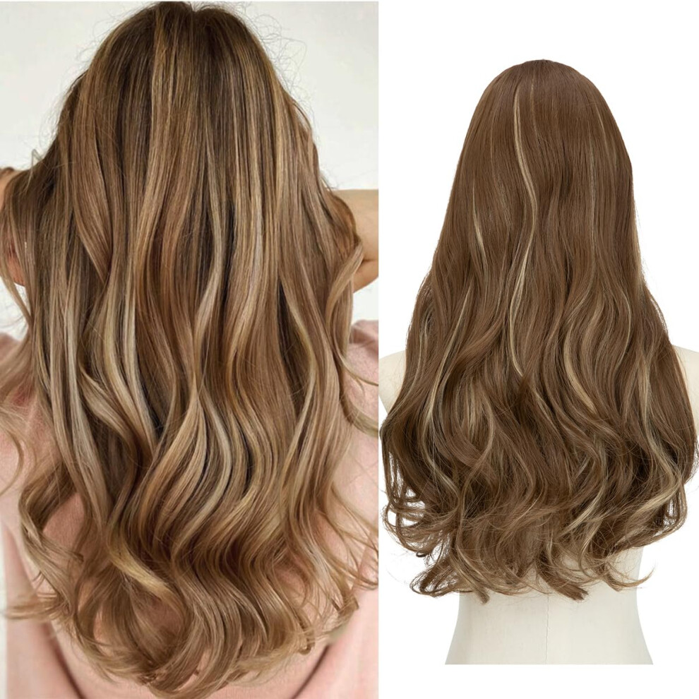 Sarla Unisex Not,Specified Clip In U Part Hair Extensions Synthetic Long Wavy Curly Thick Full Head Hairpiece For Women Brunette/Ash Blonde Highlights 24 Inch