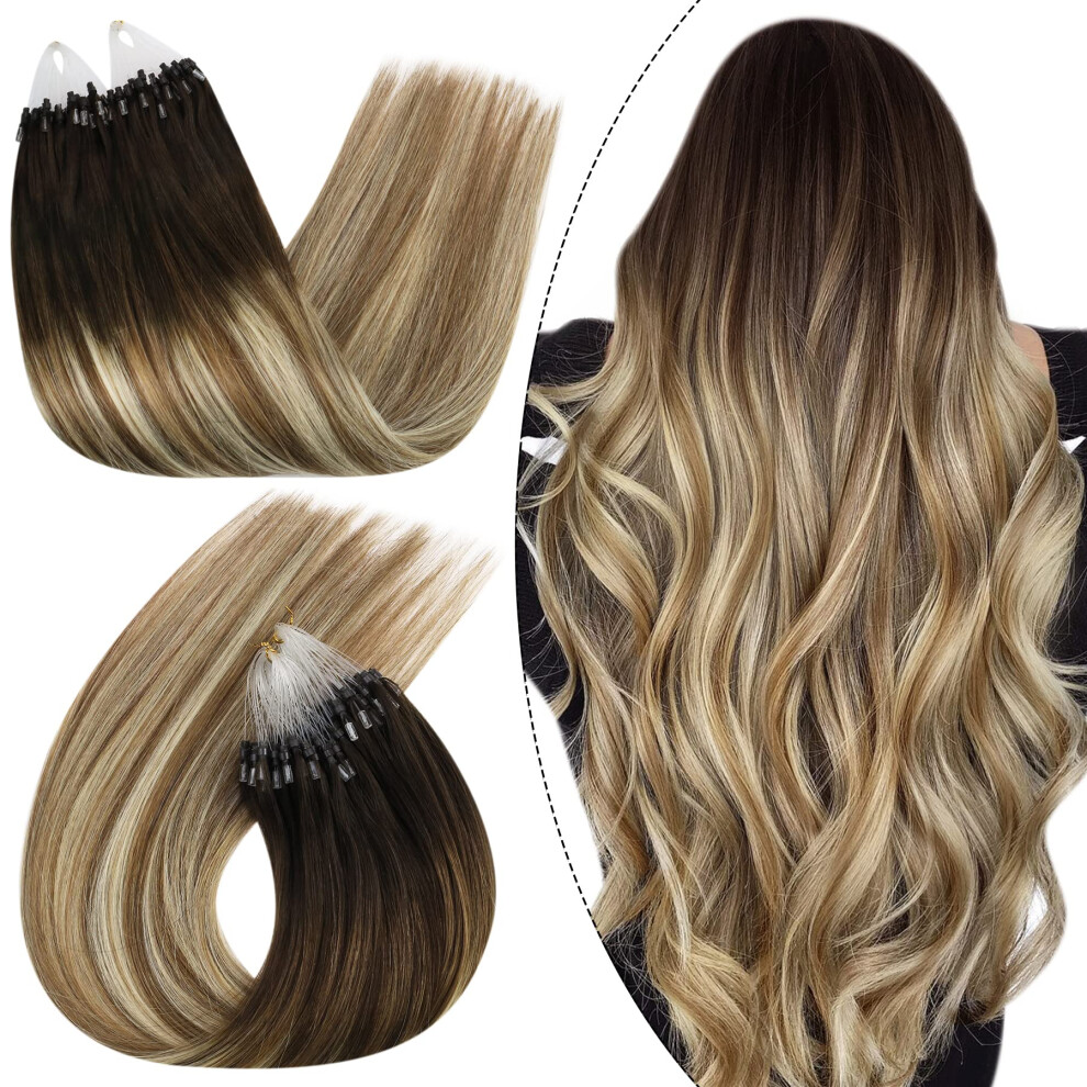Ugeat Balayage Microlink Hair Extensions Human Hair Dark Brown Micro Bead Hair Extensions Real Human Hair Caramel Blonde Micro Loop For Thicker To Add
