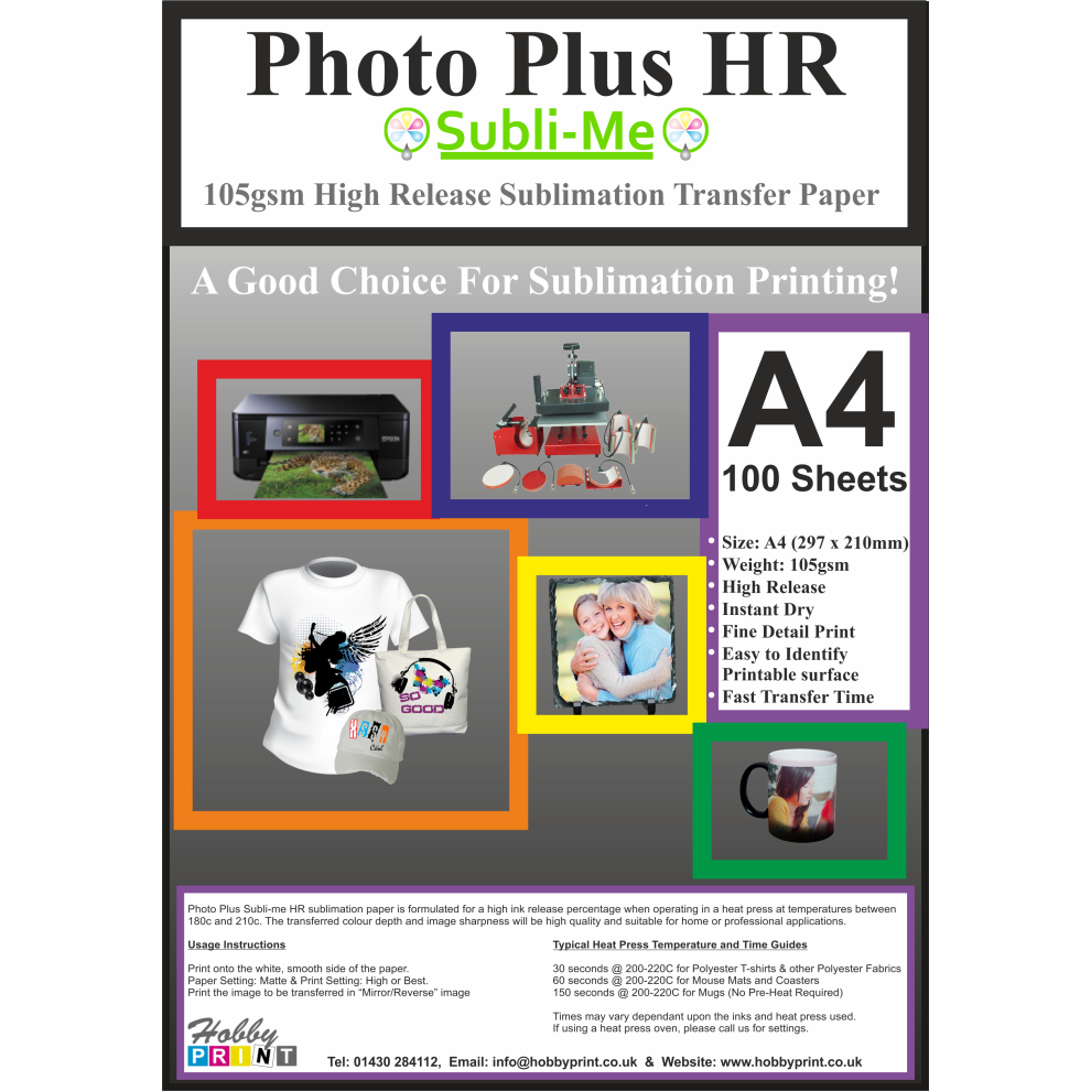 A4 105gsm HR Sublimation Heat Press Transfer Paper - 100 sheets for Mugs & T-Shirts