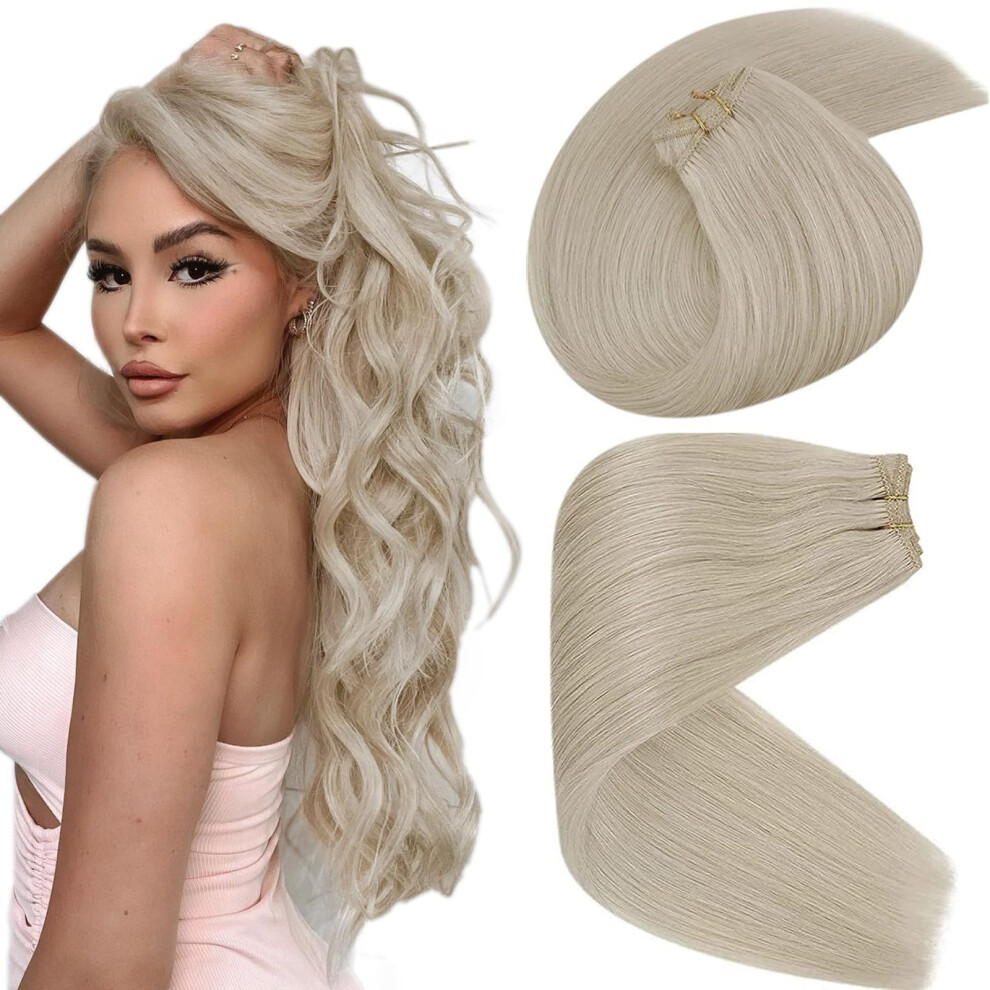 Sunny Hair Unisex Silver Sunny Blonde Human Hair Weft Extensions Platinum Blonde Sew In Hair Extensions Real Human Hair 22Inch 100G Weft Hair Extensions Human Hair Blonde Sew