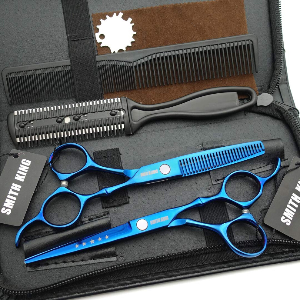 Smithking Blue 6.0 Inches Hair Cutting Scissors Set With Combs Lether Scissors Case Hair Cutting Shears Hair Thinning Shears For Personal And Professional (Blue)