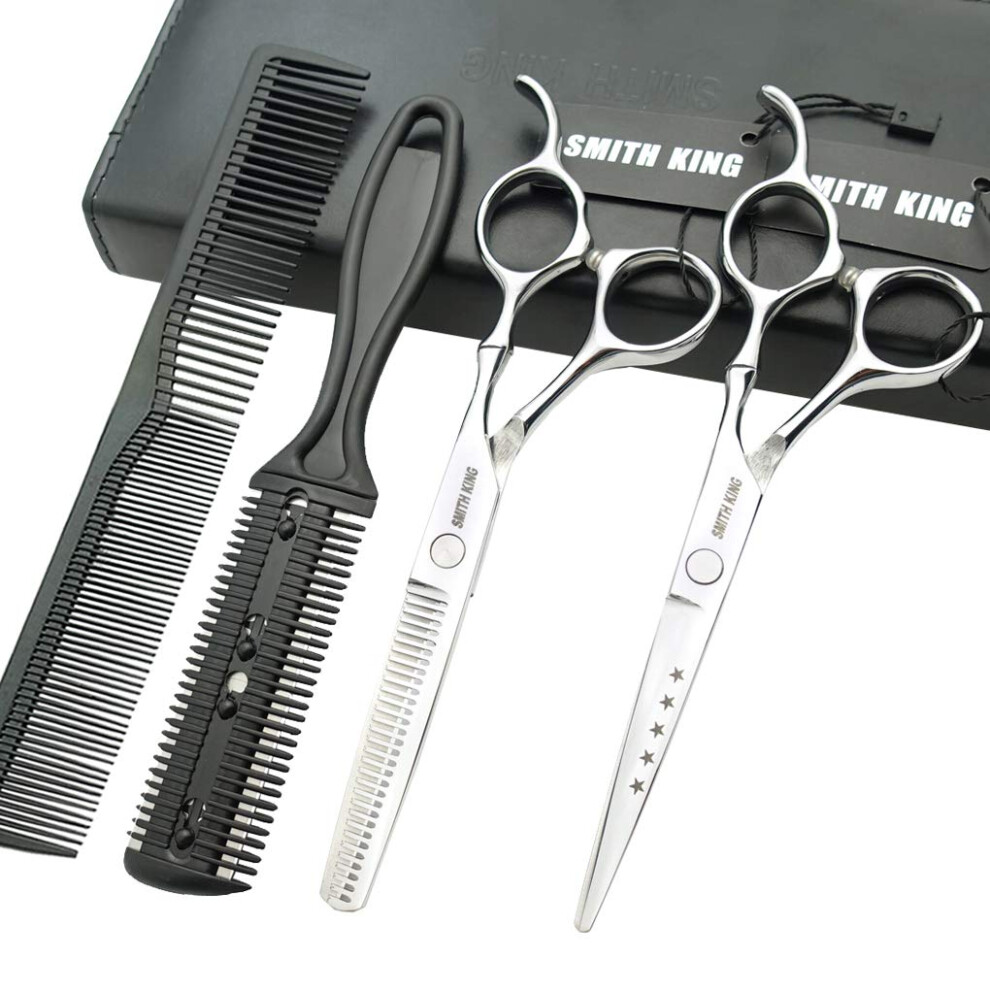 Smithking Silver 6.0 Inches Hair Cutting Scissors Set With Combs Lether Scissors Case Hair Cutting Shears Hair Thinning Shears For Personal And Professional (Silver)