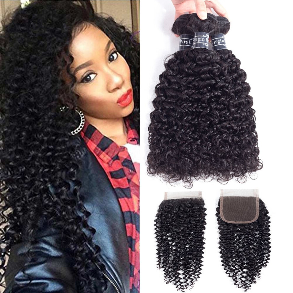 Amella Hair Brazilian Curly Virgin Hair Weave 3 Bundles With 4X4 Lace Closure 8A Brazilian Kinky Curly Hair Weave Bundles Natural Color(12 14 16+10Fre