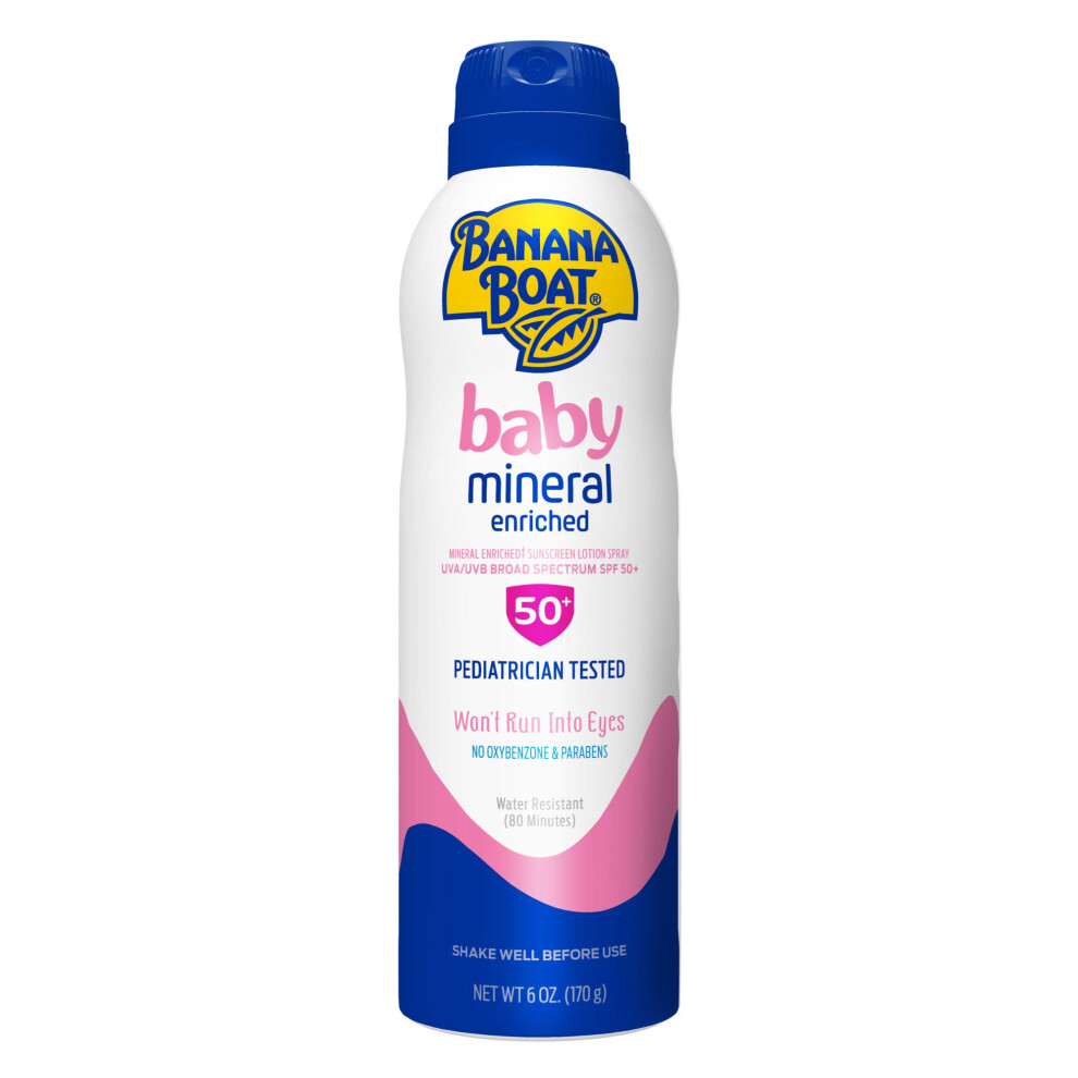 Banana Boat Baby Mineral Enriched Sunscreen Spray SPF 50  6oz | Banana Boat Baby Sunscreen Spray  Sunscreen for Babies  Oxybenzone Free Sunscreen  Ban