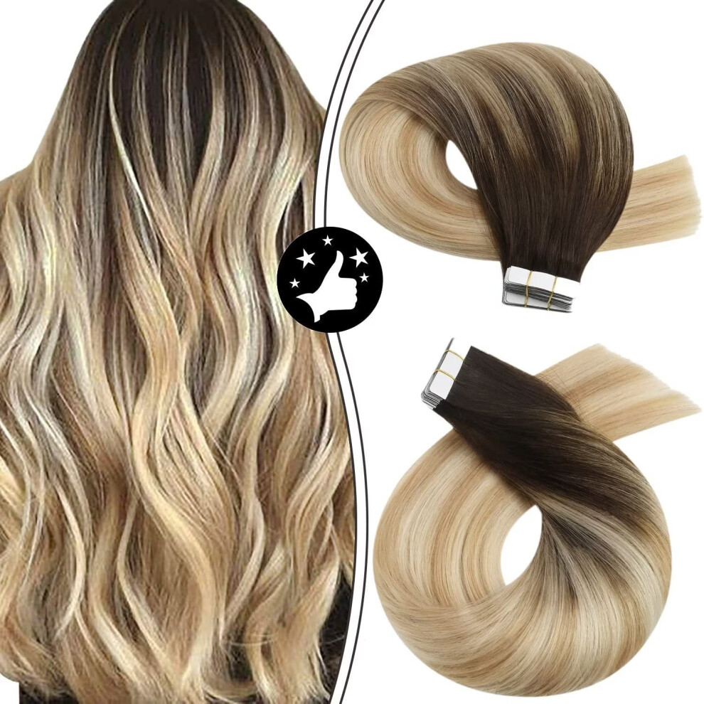 Moresoo Unisex Brown Tape In Hair Extensions Ombre Blonde 16 Inch Tape In Extensions Human Hair 20Pcs Remy Glue In Hair Extensions #2/27/613 Balayage Darkest