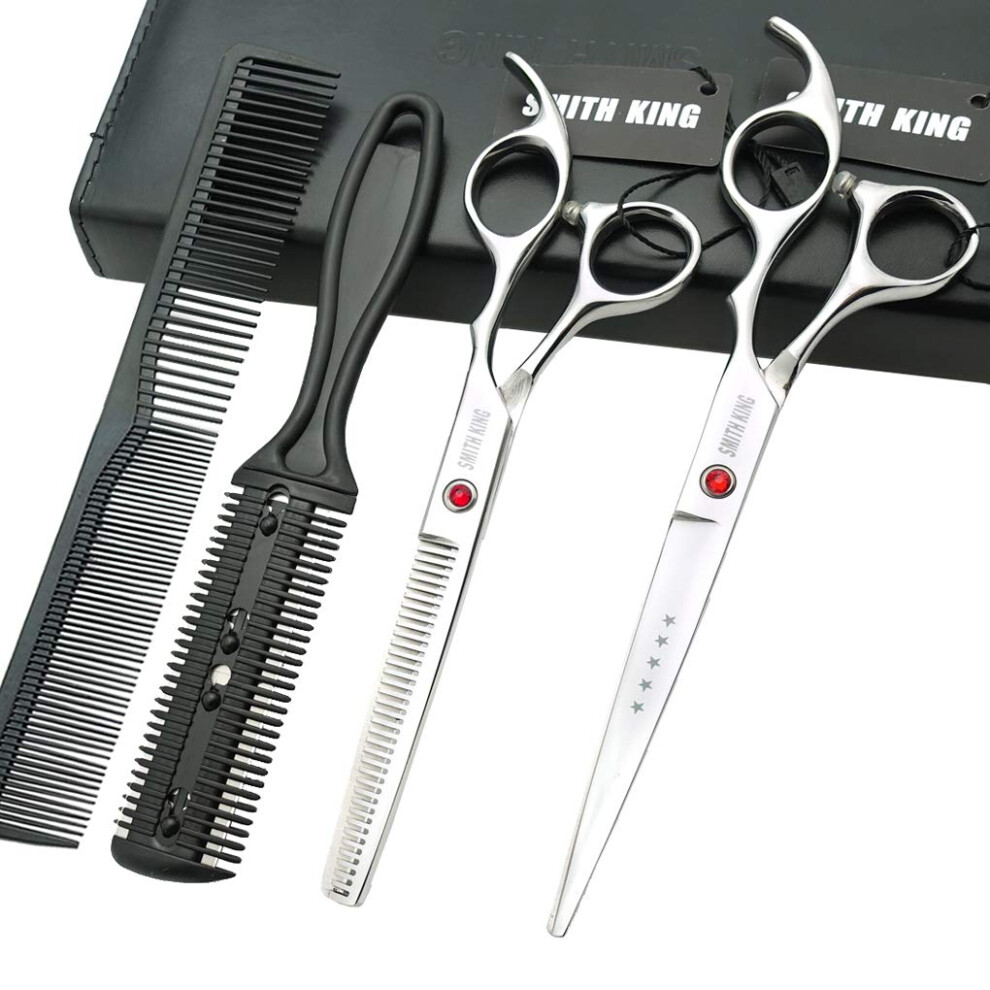 Smithking Silver 7.0 Inches Hair Cutting Scissors Set With Combs Lether Scissors Case Hair Cutting Shears Hair Thinning Shears For Personal And Professional (Silver)