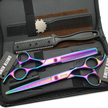 7,0 inch haarknipschaarset met kammen Lederen schaarkoffer Haarknipschaar Haaruitdunschaar voor persoonlijk en professioneel (regenboog)