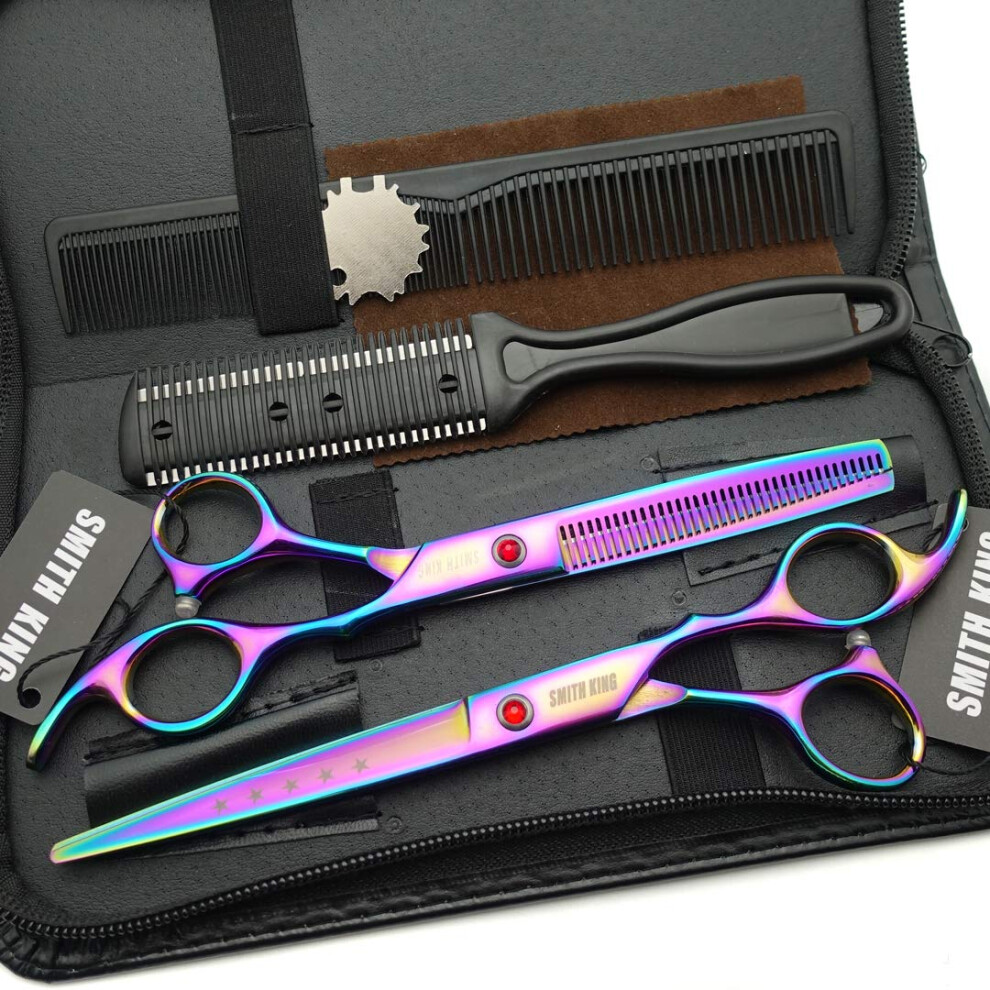 Smithking 7.0 Inches Hair Cutting Scissors Set With Combs Lether Scissors Case Hair Cutting Shears Hair Thinning Shears For Personal And Professional (Rainbow)