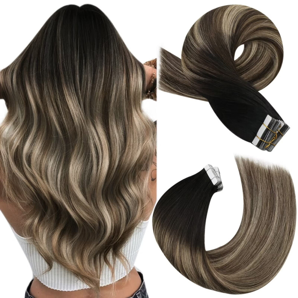 Moresoo Unisex Black,Brown Tape In Hair Extensions Human Hair Balayage Tape In Extensions Balayage Black To Brown Mix With Blonde Glue In Hair Extensions Real Human Hair