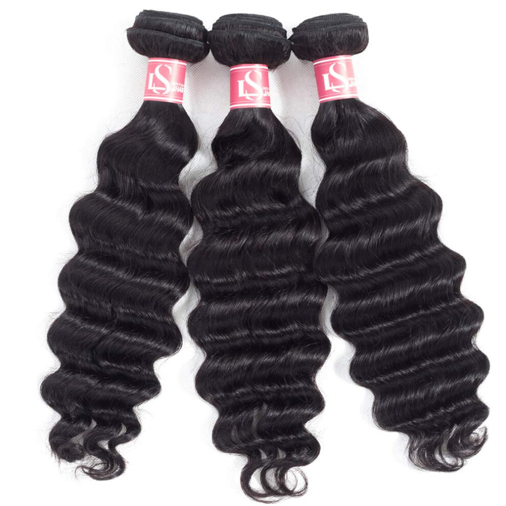LS HAIR Loose Deep Wave Cheveux humains 16 18 20 Lot de 3 Tissages Br  siliens Vierges 10A Cheveux Humains Boucl  s Ondul  s Noir Naturel
