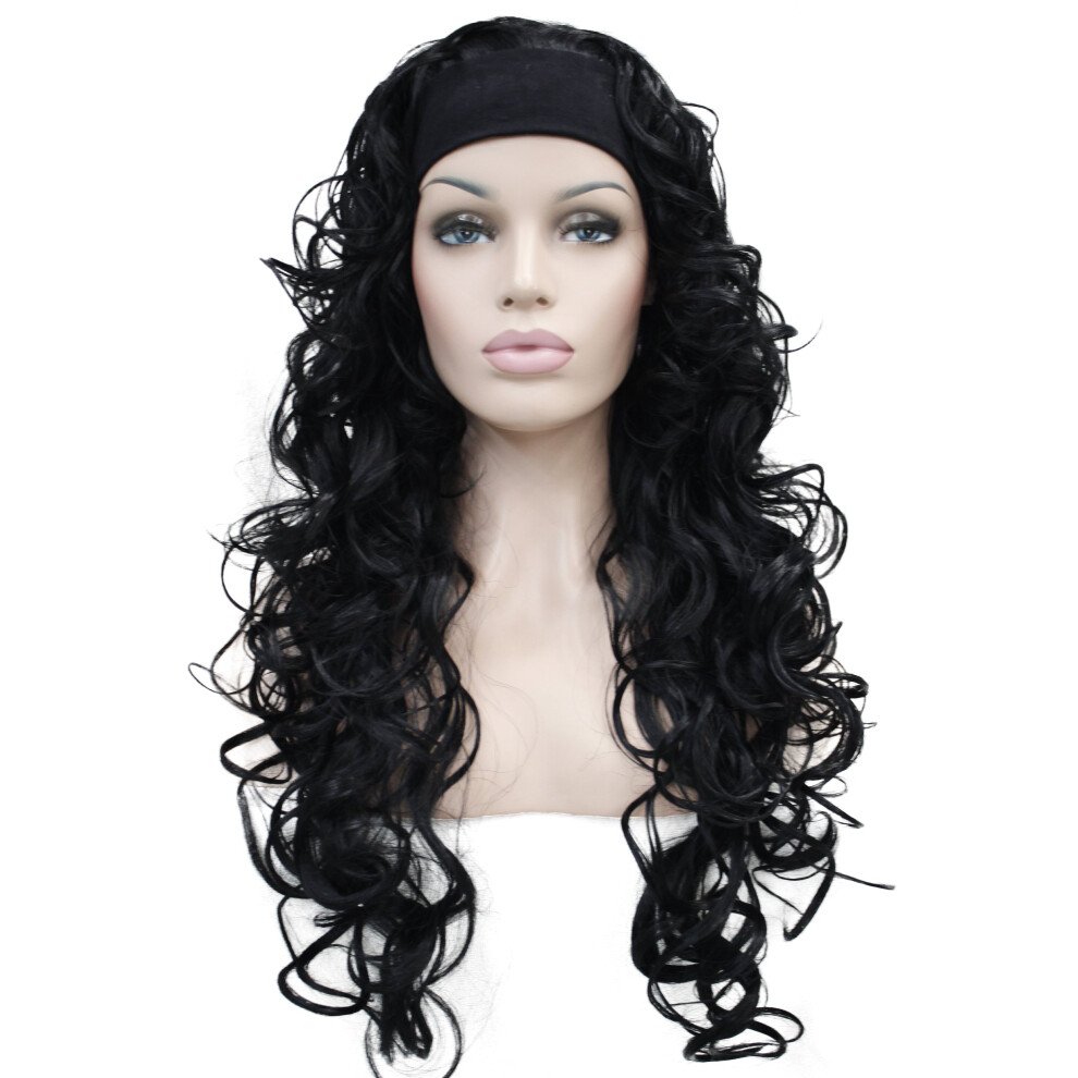 Wiginway 3/4 Band Headband Wig Women's Dark Black Long Curly Wigs For Women Ladies Wigs