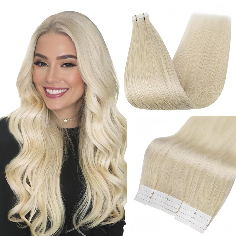 Fshine Full Shine Hair Extensions Tape In Real Human Hair 18 Inch Color 60 Platinum Blonde Tape In Hair Extensions 20Pieces Seamless Tape Extensions 50Grams