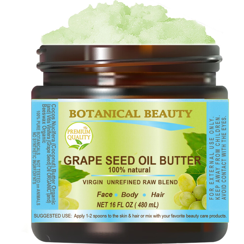 Botanical Beauty Grape Seed Oil Butter Raw Natural Virgin Unrefined Pure 16 Fl.oz.- 480 Ml For Face Skin Hair Lip Nails