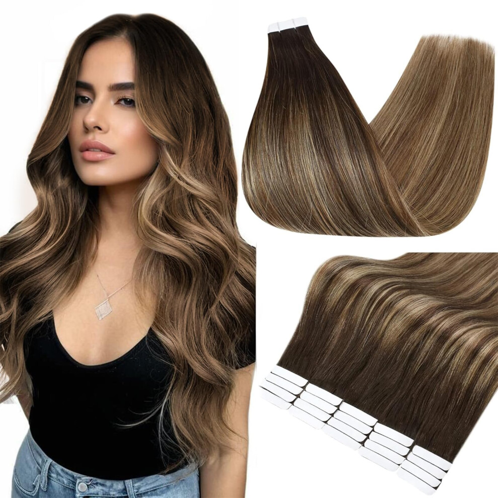 Fshine Full Shine Tape In Hair Extensions 22 Inch Balayage Tape In Human Hair Extensions Color 2 Fading To 3 Dark Brown And 27 Blonde 50 Gram 20 Pcs Full Hea