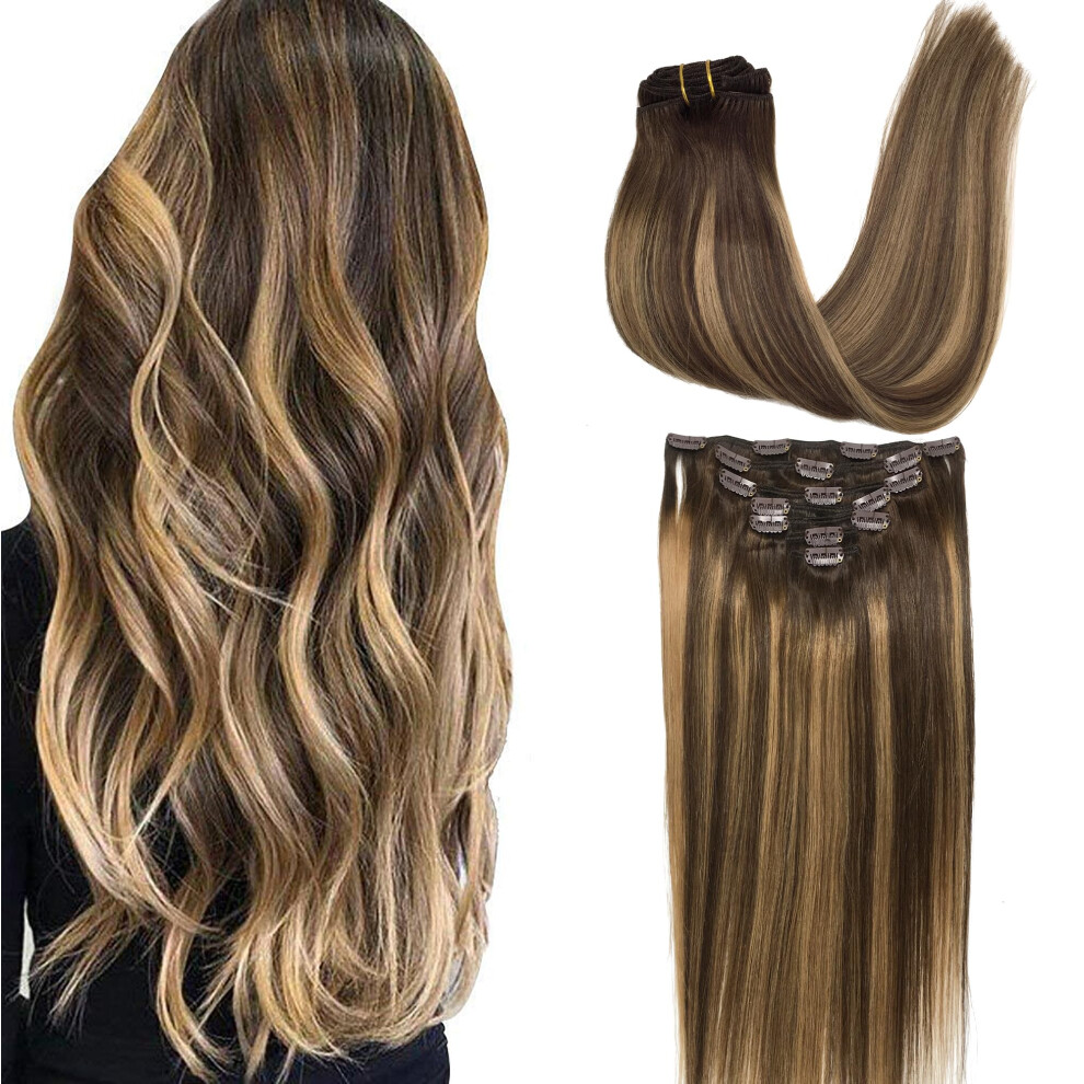 Goo Goo Unisex Brown Clip In Hair Extensions Real Human Hair Remy Human Hair Extensions Clip Ins For Women Natural Human Hair 18Inch 120G 7Pcs 4/27/4 Balayage
