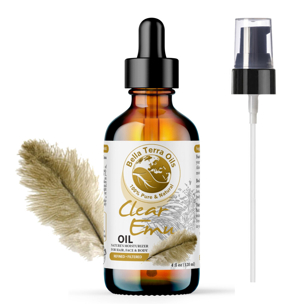Bella Terra Oils - Clear Emu Oil 4Oz - Inspired By Nature's Perfection, High In Omega-3 & Omega-6 Acids, Skin's Best Companion For Moisturization