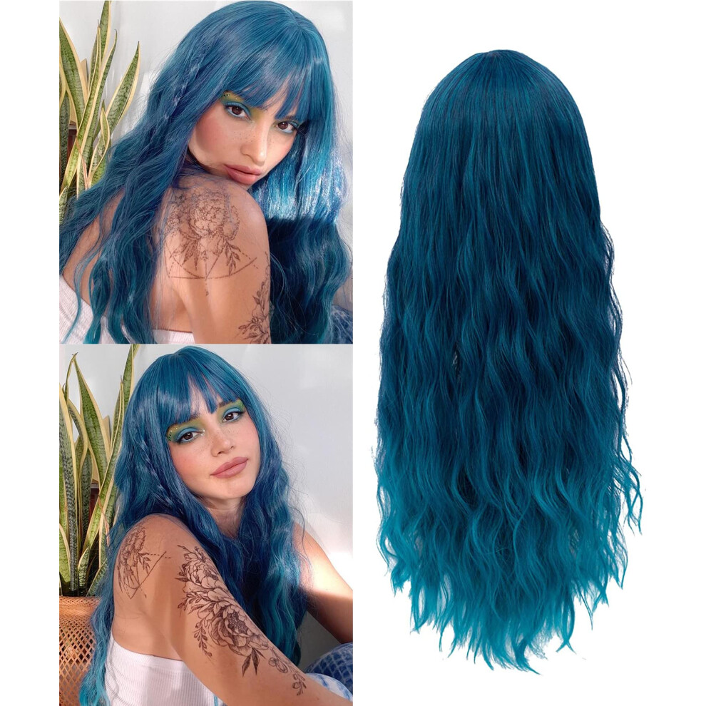 Netgo Unisex Blue Teal Wig For Women Dark Wig With Bangs Long Fluffy Curly Wavy Hair Wigs For Girl Synthetic Daily Cosplay Party Wigs
