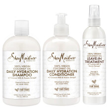 SheaMoisture Zestaw szamponu i odzywki 13 fl Oz Ea z sprayem pielegnacyjnym bez pozostawiania 8 fl Oz Codzienne nawilzanie 100% dziewiczy olej kokoso