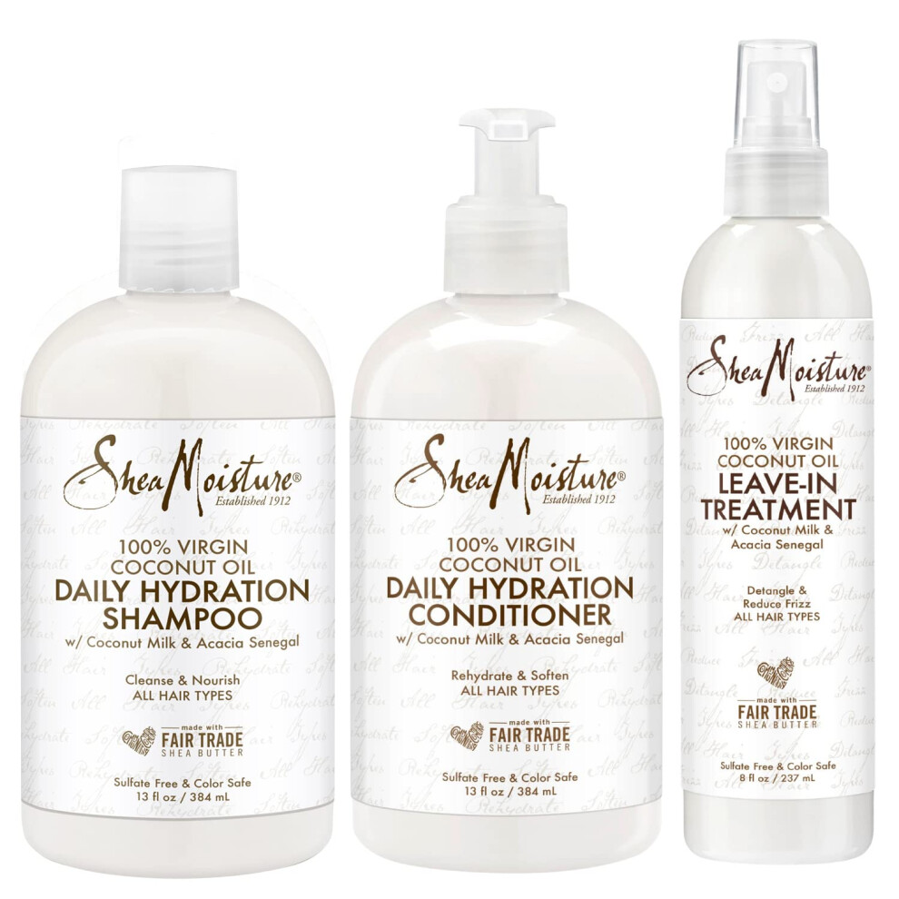 SheaMoisture Shampoo and Conditioner Set  13 Fl Oz Ea with Leave In Treatment Spray 8 Fl Oz  Daily Hydration 100% Virgin Coconut Oil  Curly Hair Produ