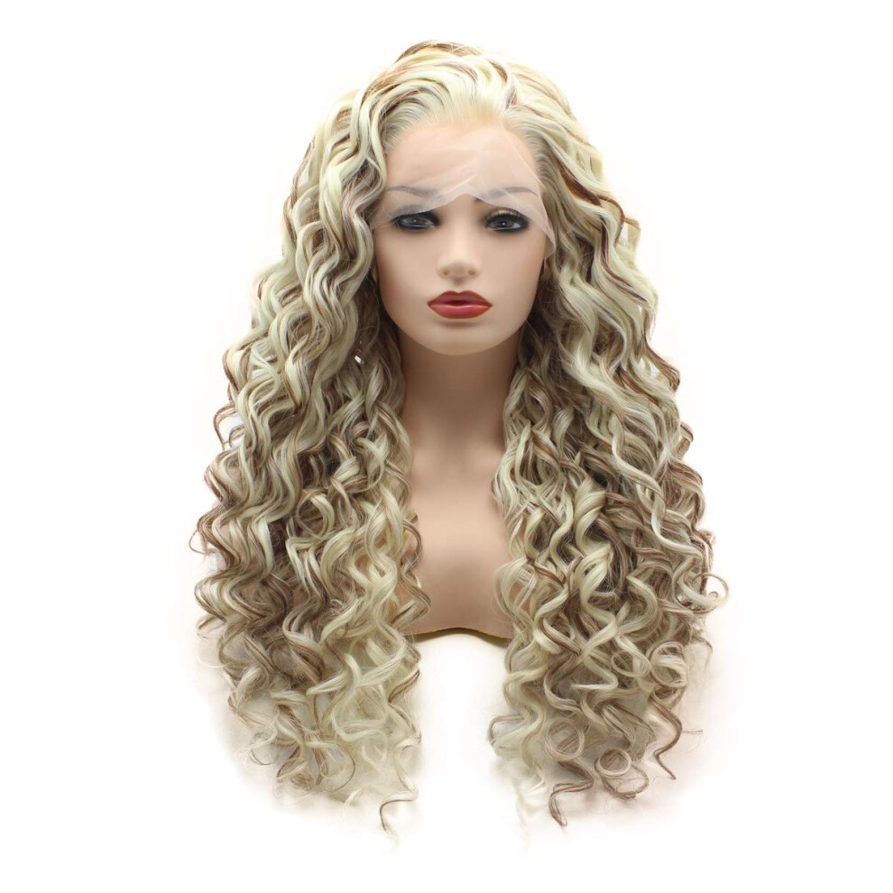 Meiyite Unisex White,Red Hair Curly Long 26Inch Three Tone Light Blonde Auburn White Mix Heavy Density Realistic Synthetic Lace Front Wigs